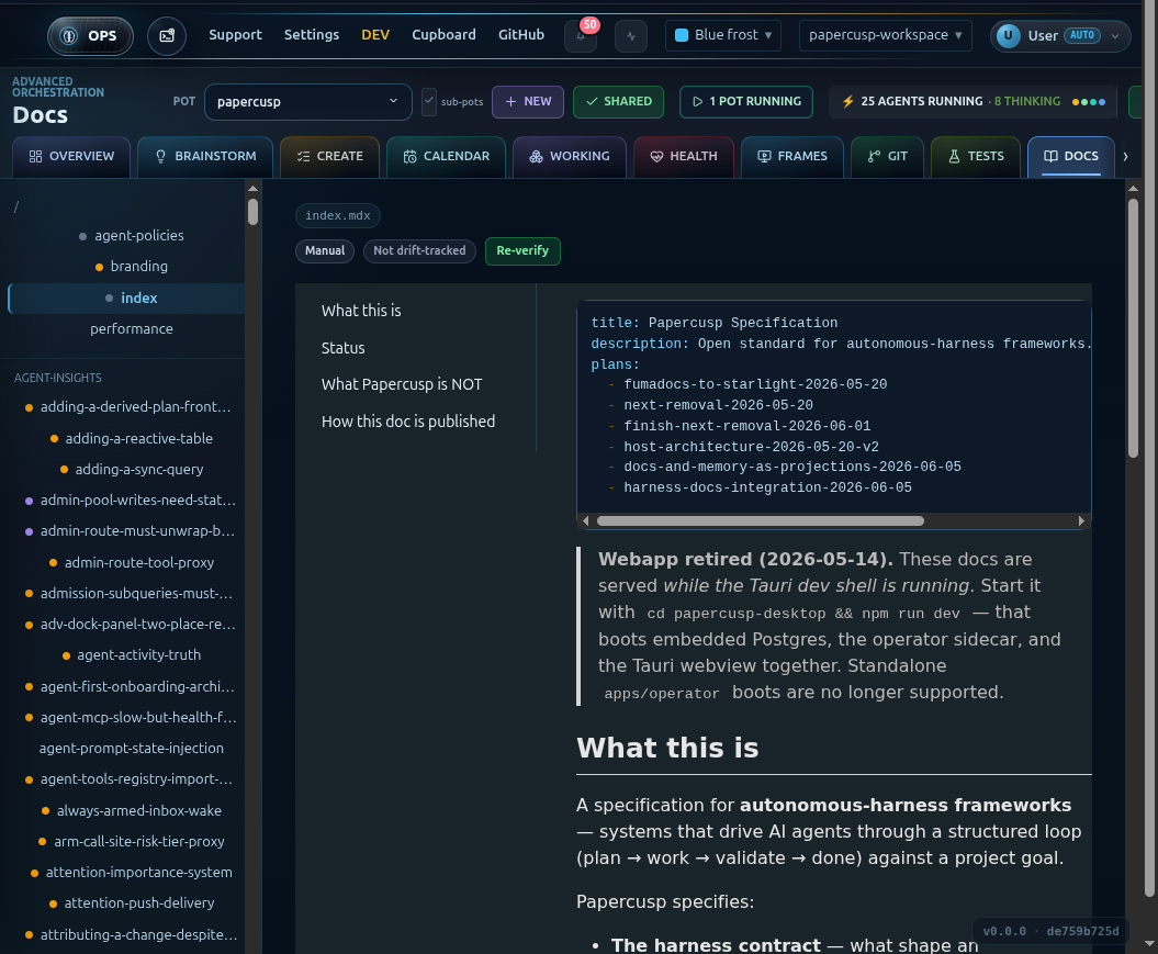 The documentation framework: a documented, drift-tracked doc tree with agent-insight runbooks