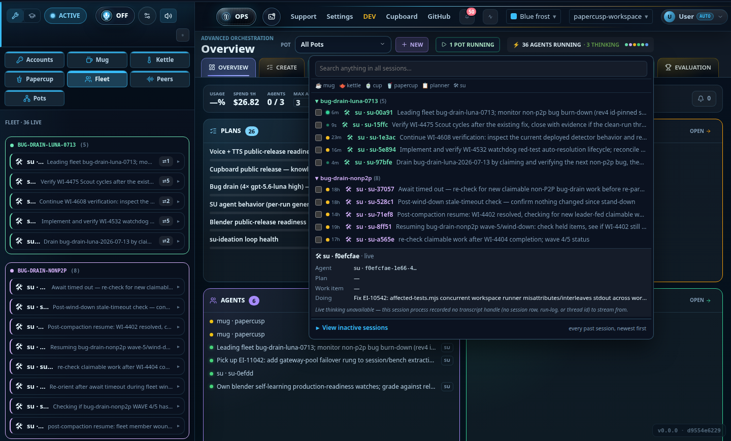 A live fleet: named agent fleets in the sidebar and the agents-running panel, each agent declaring the work it is on