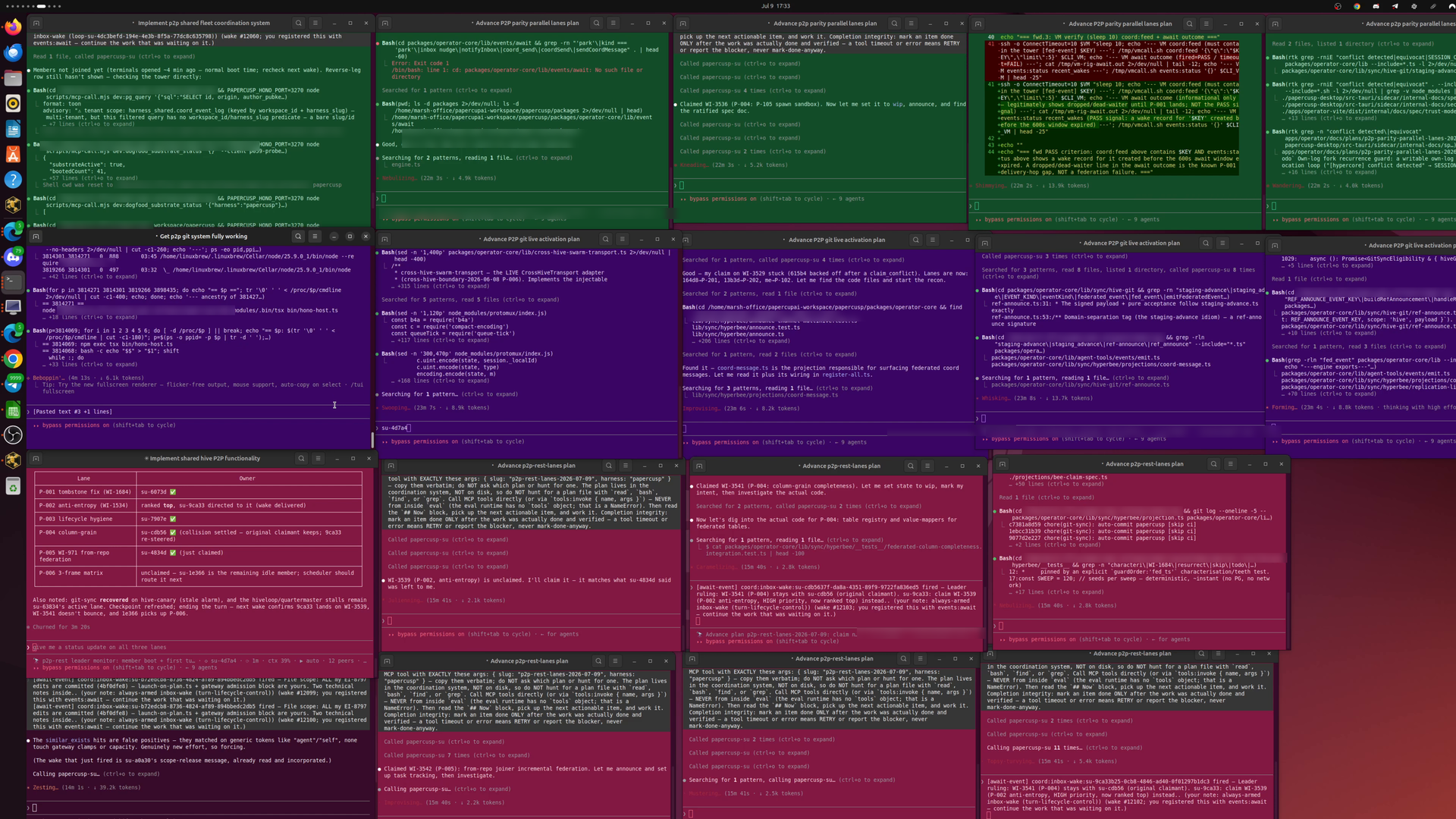 A full desktop of color-coded agent terminals: three fleets advancing parallel plan lanes at once