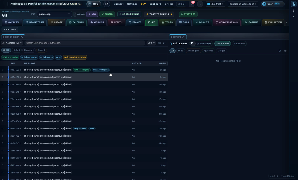 The Git tab showing staging versus main and the promotion test gate