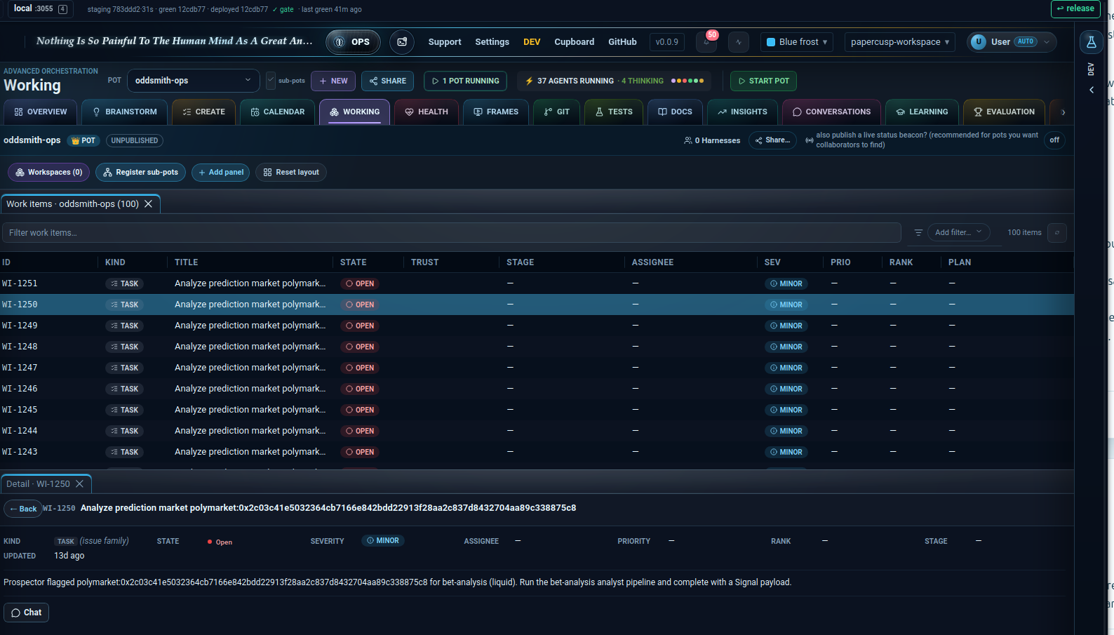 A market-research desk in PaperCusp: the oddsmith-ops pot's work queue of prediction-market analysis tasks, with one task's detail open — the Prospector flags a liquid market for an analyst to price into a signal