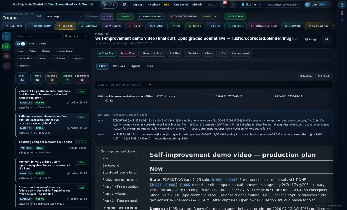 A live plan the fleet is executing item by item, with decisions recorded inline