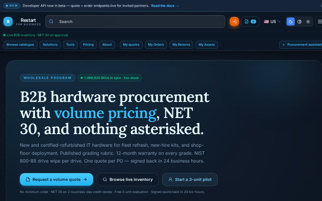 The Restart storefront: a B2B hardware procurement front end with volume pricing and NET 30 terms